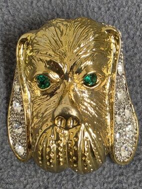 Gold Tone Dog Face Brooch Green Eyes Clear Rhinestone Ears Pin New